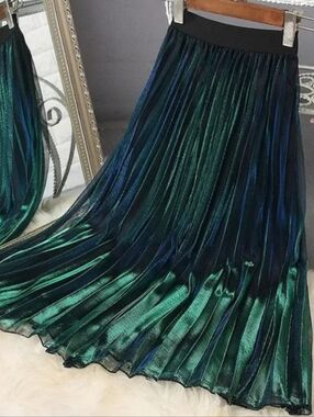 Iridescent Metallic Pleated Midi Skirt Iridescent Teal-Blue Pleated Circle Skirt
